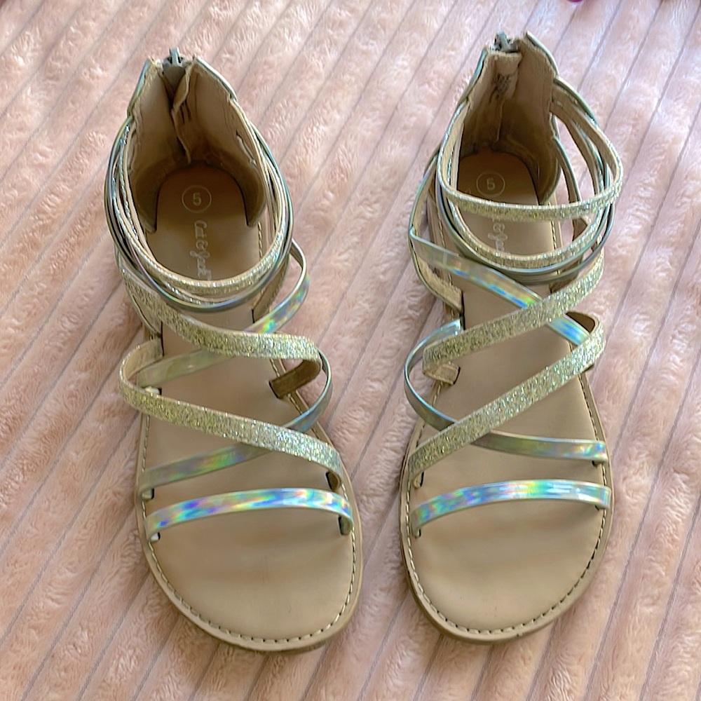 Youth size 5 Iridescent glitter/sparkle silver strappy gladiator sandals